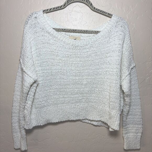 Hollister Sweaters - Hollister Women’s White Chunky Knit Cropped Sweater Large Boat Neck Oversized